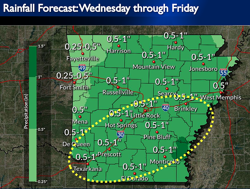 A storm system later this week is predicted to bring widespread rain to the state, according to this National Weather Service graphic