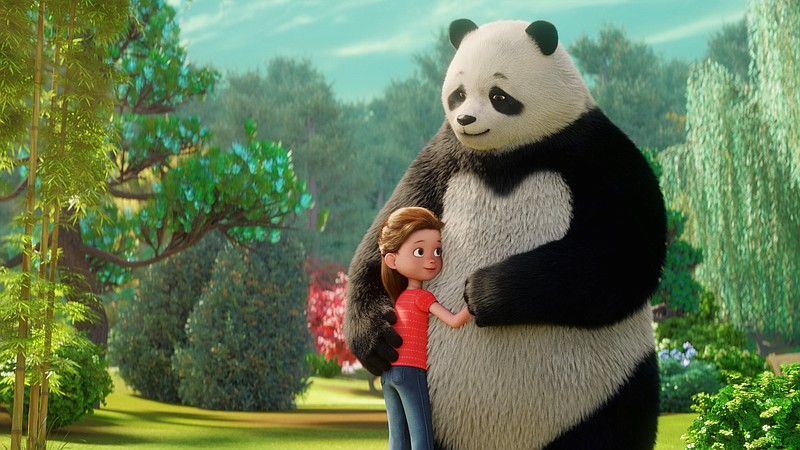 Addy (left) is comforted by Stillwater the panda in a scene from the animated children’s series “Stillwater,” streaming on Apple TV+. The stories are based on the character Stillwater from the beloved children’s book series “Zen Stories” by Jon J. Muth. (Apple TV+ via AP)