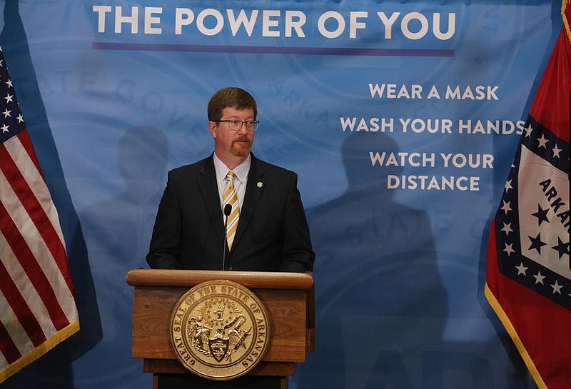 Secretary of Education Johnny Key talks about teachers going back to school after winter break during the weekly covid-19 press conference on Tuesday, Jan. 5, 2021, at the state Capitol in Little Rock. 
(Arkansas Democrat-Gazette/Thomas Metthe)