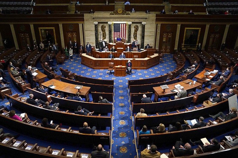 House Speaker Nancy Pelosi, D-Calif., speaks in the House Chamber after they reconvened at the Capitol in Washington on Wednesday, Jan. 6, 2021. Congress was hearing arguments over the objection of certifying Arizona’s Electoral College votes in November’s election.