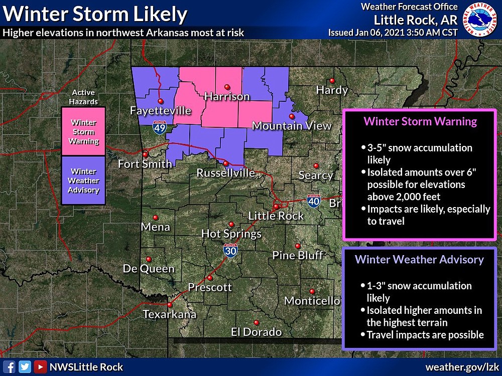 This National Weather Service graphic shows sections of Northwest Arkansas will be under a winter storm warning and winter weather advisory Wednesday evening through Thursday.