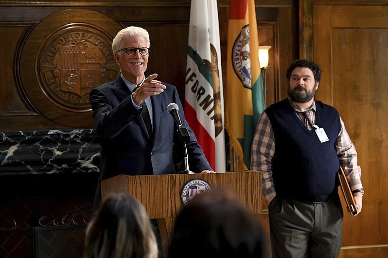 Ted Danson is Mayor Neil Bremer (left) and Bobby Moynihan is Jayden Kwapis in a scene from the new comedy “Mr. Mayor,” premiering today on NBC. (Mitchell Haddad/NBC via AP)