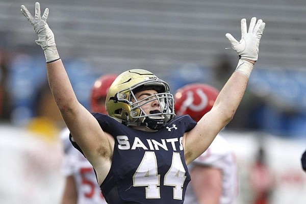 Shiloh Christian linebacker Kaden Henley celebrates during the Saints’ 58-20 victory over Rivercrest in the Class 4A championship game on Saturday.
(Arkansas Democrat-Gazette/Thomas Metthe)