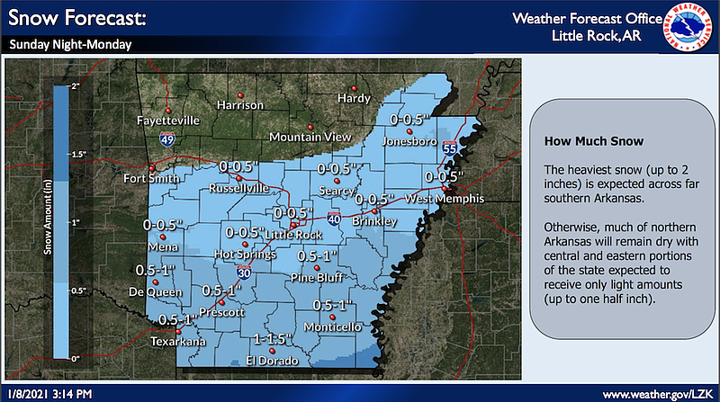 The National Weather Service is predicting up to 2 inches of snow across far southern Arkansas this weekend.