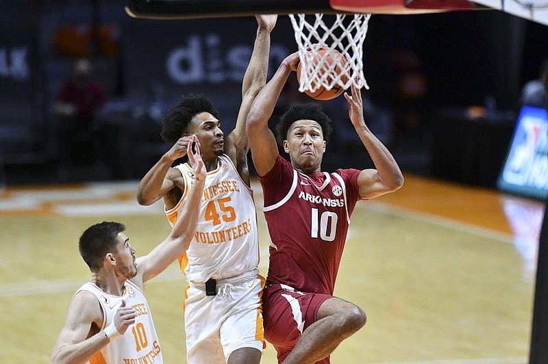 Jaylin Williams, a 6-10 freshman, started in place of 6-3 freshman guard Davonte Davis for Arkansas on Wednesday against Tennessee, as Coach Eric Musselman tinkered with the lineup following Saturday’s loss to Missouri. Williams had 6 points, 2 rebounds, 1 blocked shot and 4 turnovers in 14 minutes against the Vols.
(Saul Young/Knoxville News Sentinel via AP)