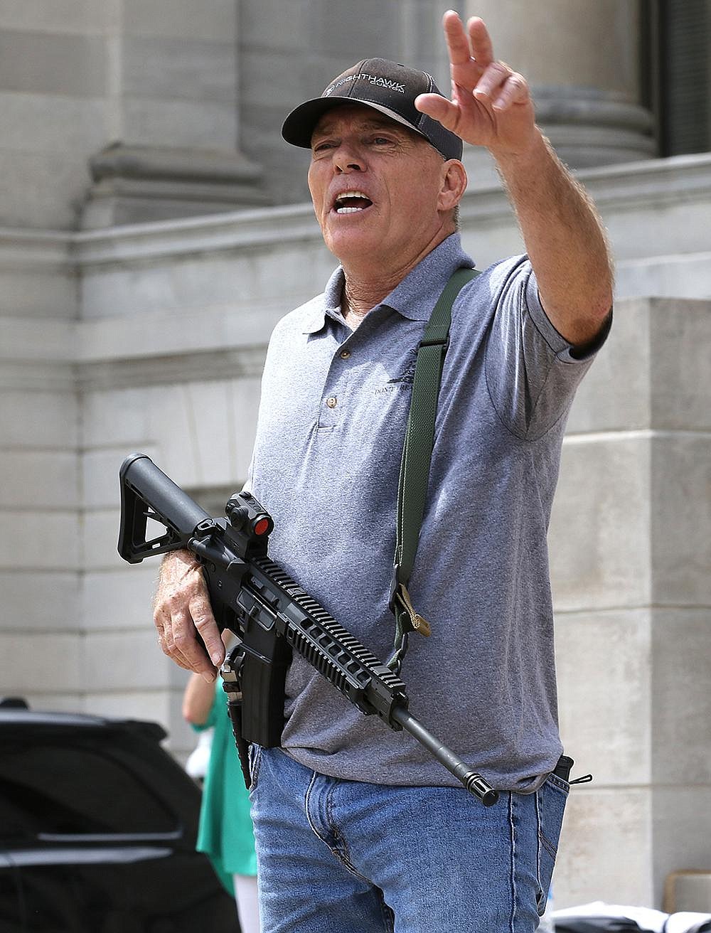 Robert “Bigo” Barnett talks to the crowd during a rally Sept. 3 at the state Capitol after an announcement by Rep. Dan Sullivan, R-Jonesboro, of a lawsuit aimed at overturning Gov. Asa Hutchinson’s state of emergency as well as his administration’s public health directives relating to the pandemic.
(Arkansas Democrat-Gazette/Thomas Metthe)