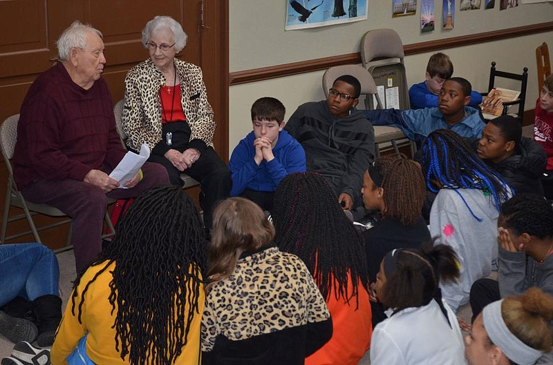 The oldest living Fordyce Redbug, Dusty Lansdale, with his wife, Cybil, talks about his World War II experience aboard the USS Maryland with seventh and eighth graders during a pre-pandemic educational program at the Dallas County Museum. 
(Special to The Commercial/Richard Ledbetter)