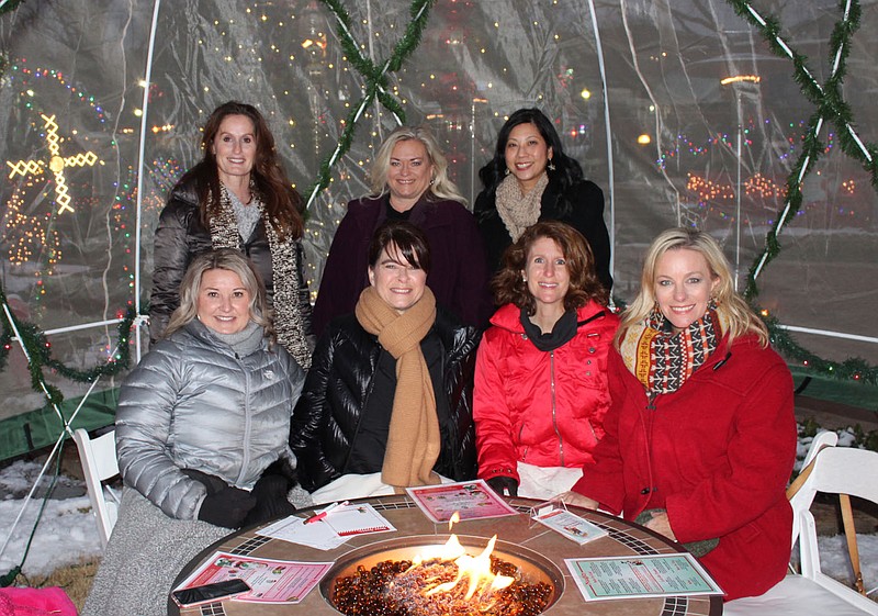 Natalie Lindsey (seated, from left), Denise Dossett, Amber McAllister; Allyn Elleman; Eve McCain (standing, from left), Pam Walters and Helen Urban enjoy the Holidaze sixth annual Nog Off egg nog competition Dec. 15 in the Bradberry Rose Garden at the Walton Arts Center in Springdale. 
(NWA Democrat-Gazette/Carin Schoppmeyer)