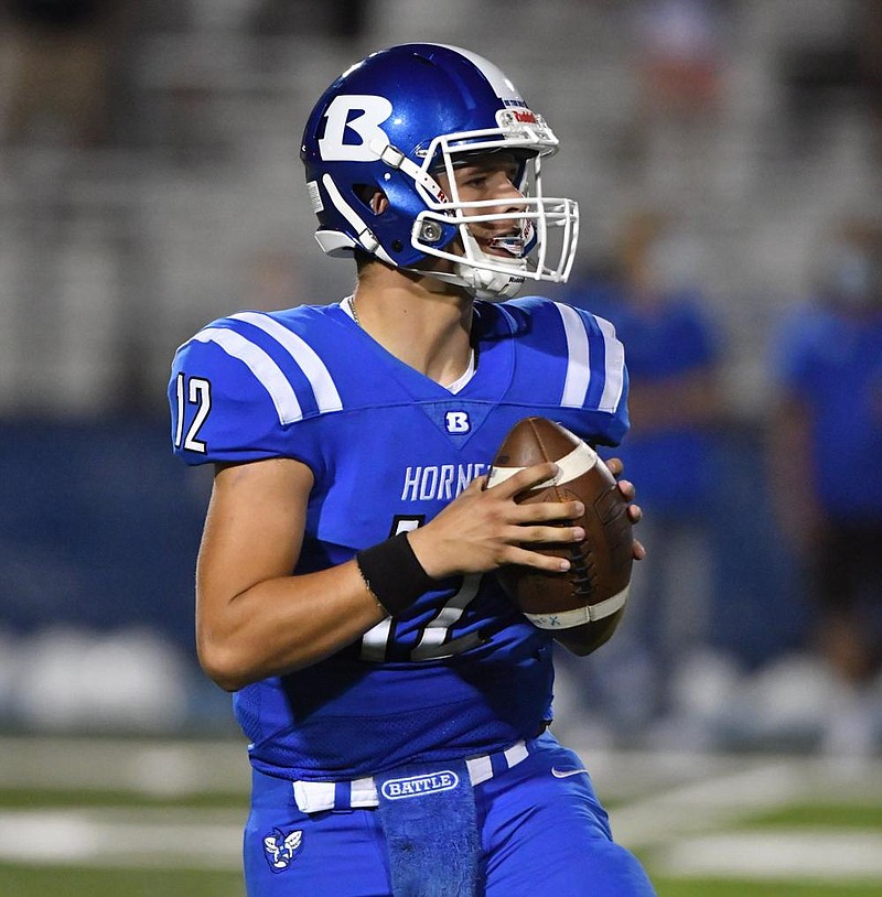 Bryant senior quarterback Austin Ledbetter passed for 41 touch- downs to lead the Hornets to their third consecutive Class 7A state championship. Ledbetter nished his career with a school-record 88 touchdown passes and did not lose a game in 26 starts his nal two seasons. 
(Special to the Democrat-Gazette/Jimmy Jones) 
