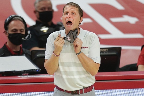 Arkansas head coach Eric Musselman reacts, Saturday, January 9, 2021 during the second half of a basketball game at Bud Walton Arena in Fayetteville.