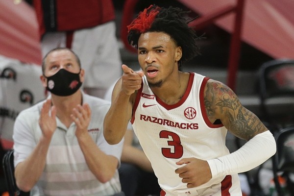 Arkansas guard Desi Sills (3) reacts, Saturday, January 9, 2021 during the second half of a basketball game at Bud Walton Arena in Fayetteville. Check out nwaonline.com/210110Daily/ for the photo gallery.