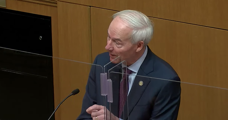 Gov. Asa Hutchinson speaks Tuesday in the House chambers at the state Capitol in Little Rock in this still of video provided by the governor's office.