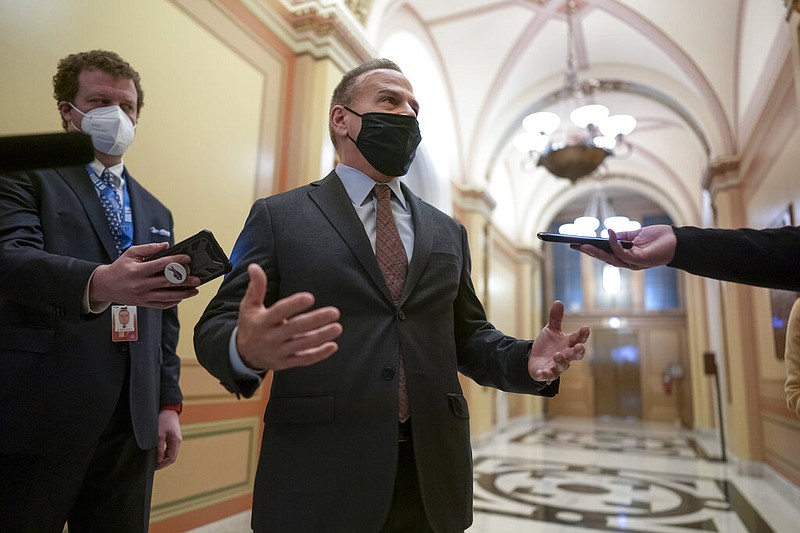 Rep. David Cicilline, D-R.I., talks to reporters just outside the House chamber after a resolution calling for the removal of President Donald Trump from office was blocked by Republicans, at the Capitol in Washington, Monday, Jan. 11, 2021.