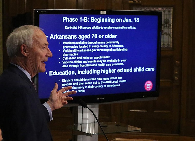 Gov. Asa Hutchinson explains who is eligible for covid-19 vaccine shots in Phase 1-B which will be rolled out on Monday, Jan. 18, during the weekly covid-19 press conference on Tuesday, Jan. 12, 2021, at the state Capitol in Little Rock. 
(Arkansas Democrat-Gazette/Thomas Metthe)