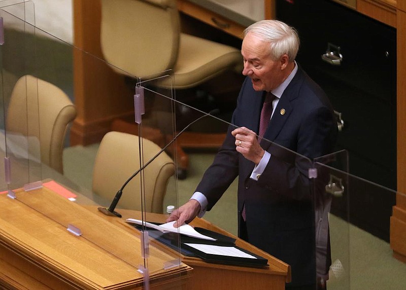 Gov. Asa Hutchinson gives the State of the State Speech to a virtual joint session of the General Assembly on Tuesday, Jan. 12, 2021, at the state Capitol in Little Rock. 
(Arkansas Democrat-Gazette/Thomas Metthe)