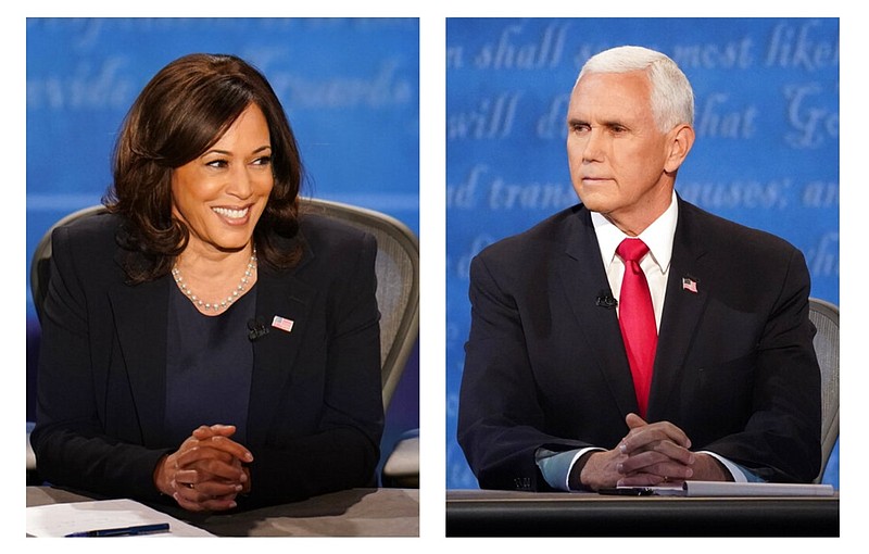 Then-Democratic vice presidential candidate Sen. Kamala Harris (left), D-Calif., and Vice President Mike Pence participate in the vice presidential debate in this Oct. 7, 2020, composite file photo taken at Kingsbury Hall on the campus of the University of Utah in Salt Lake City.