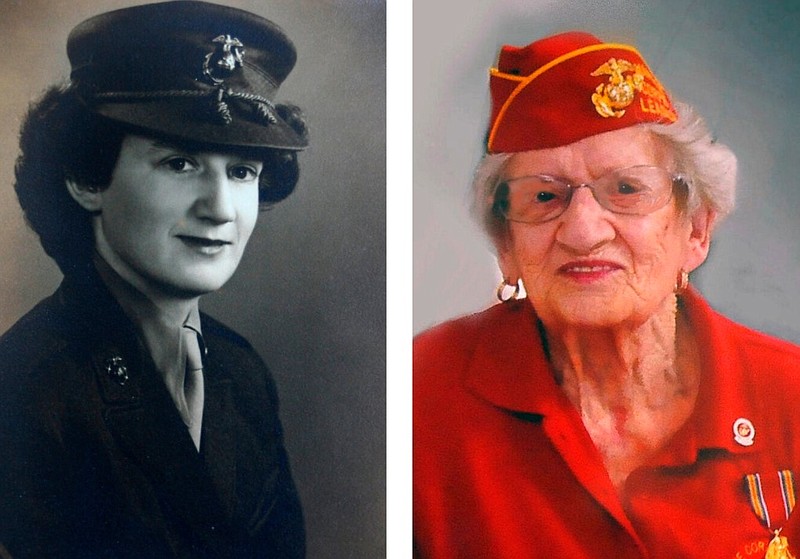Dorothy Schmidt Cole is shown in 1945 and in 2019 in these photos provided by her daughter, Beth Kluttz. Cole, recognized in 2020 as the oldest living U.S. Marine, has died at age 107. (Courtesy of Beth Kluttz via AP)