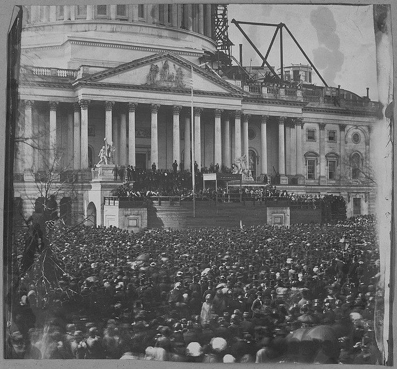 A throng of 30,000 people attended the first inauguration of Abraham Lincoln. An Army artillery battery and snipers stood watch after Lincoln arrived by carriage under escort by infantrymen and cavalrymen.
(Photo courtesy of the Library of Congress.)