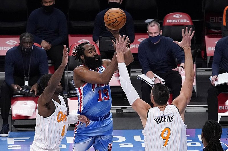 James Harden (13) got off to a good start in his debut with the Brooklyn Nets on Saturday. Harden had 32 points, 14 assists and 12 rebounds after being cleared to play earlier in the day following a blockbuster trade with Houston.
(AP/Mary Altaffer)