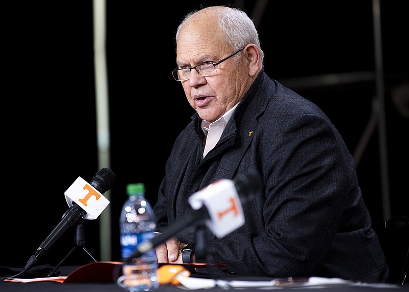 Tennessee Athletics Director Phillip Fulmer speaks during a press conference in Knoxville, Tenn., on Monday, Jan. 18, 2021. Tennessee has fired NCAA college football coach Jeremy Pruitt, two assistants and seven members of the Volunteers' recruiting and support staff for cause after an internal investigation found what the university chancellor called “serious violations of NCAA rules.” 