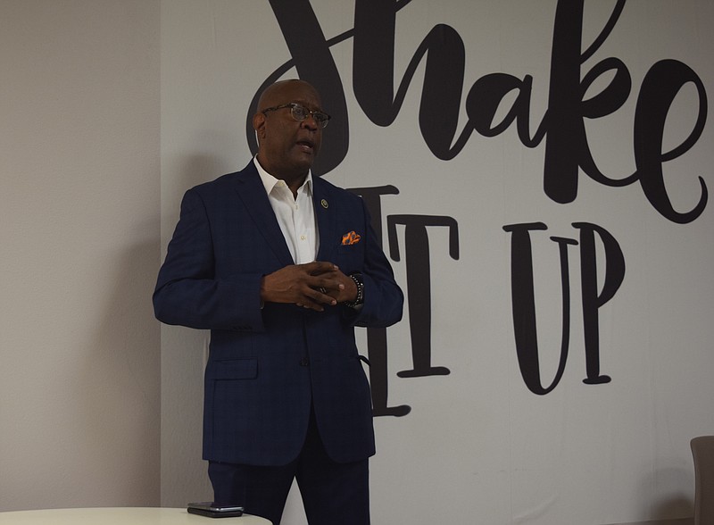 Little Rock Police Chief Keith Humphrey addresses attendees at an event in recognition of Martin Luther King Jr. Day on Jan. 18, 2021, at Nourish Wellness in Little Rock.