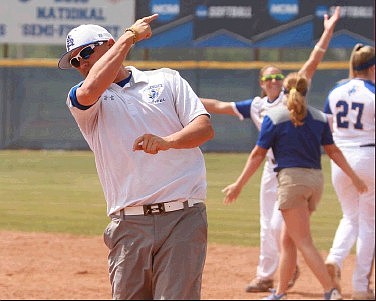 SAU head softball coach Jason Anderson celebrates following an NCAA Division II regional tournament game two seasons ago. The Lady Muleriders, ranked No. 1 in the country during a shortened COVID-19 season, is the overwhelmingly favored to win the 2021 GAC title.