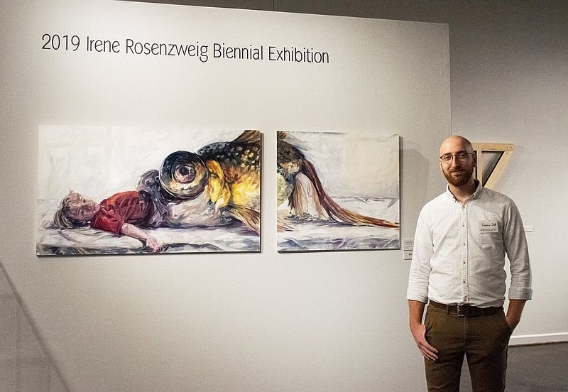 Andrew Scott of Denton, Texas, stands beside his work and Best of Show painting, “They Call him Jonah,” at the 2019 Irene Rosenzweig Biennial Exhibition at the Arts & Science Center for Southeast Arkansas in Pine Bluff. The center is accepting entries for the 2021 exhibition until June 6. (Special to The Commercial)