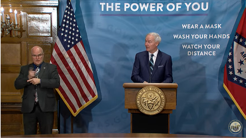 Gov. Asa Hutchinson speaks during a covid-19 briefing Tuesday, Jan. 19, 2021.