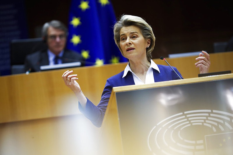 European Commission President Ursula von der Leyen addresses European lawmakers at the European Parliament in Brussels on Wednesday, Jan. 20, 2021. Von der Leyen was leading a plenary session on the inauguration of the new United States president and the current political situation.