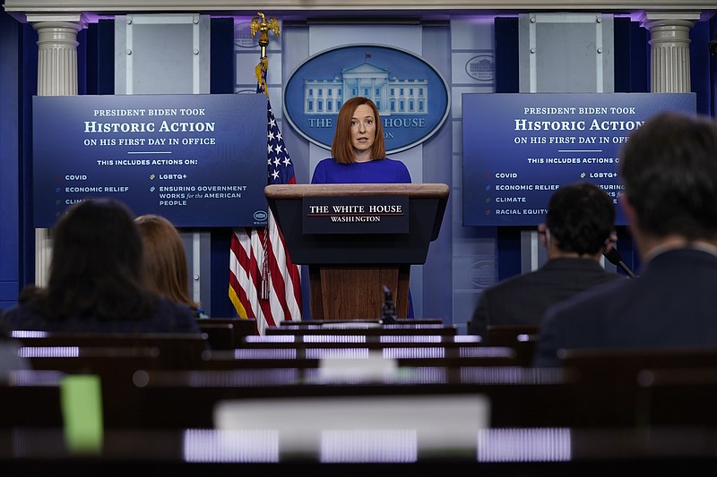 White House press secretary Jen Psaki speaks during a press briefing at the White House, Wednesday, Jan. 20, 2021, in Washington. (AP Photo/Evan Vucci)
