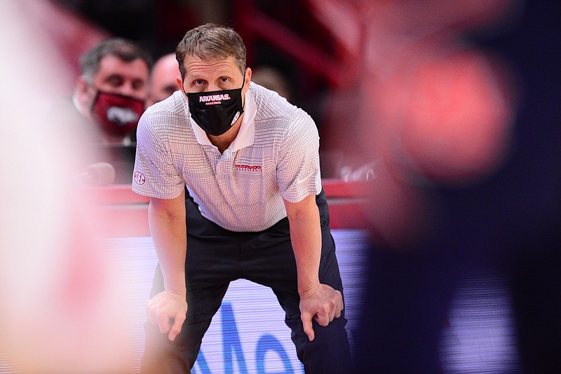 Eric Musselman looks on during Arkansas' 75-73 win over Auburn in Bud Walton Arena on Wednesday, January 20, 2021 in Fayetteville, Ark. (Photo by Gunnar Rathbun via SEC Pool) Eric Musselman looks on during Arkansas' 75-73 win over Auburn in Bud Walton Arena on Wednesday, January 20, 2021 in Fayetteville, Ark. (Photo by Gunnar Rathbun via SEC Pool)