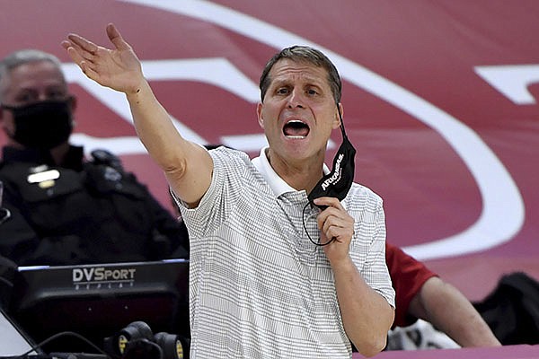 Arkansas coach Eric Musselman reacts after a play against Auburn during the second half of an NCAA college basketball game Wednesday, Jan. 20, 2021, in Fayetteville. (AP Photo/Michael Woods)


