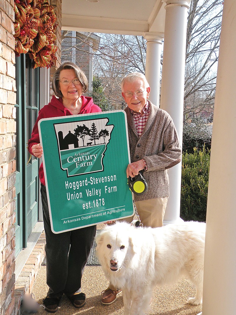 Dee “Ann” Elizabeth Stevenson Grigsby and her husband, Grady Anthony Grigsby, display the official Arkansas Century Farm sign at their home in Little Rock. Ann is one of 11 heirs of the Eva Dee Hoggard Stevenson estate; Eva and her husband, Marvin Felix Stevenson, owned the Hoggard-Stevenson Union Valley Farm in Faulkner County for many years. The Hoggard-Stevenson Union Valley Farm was established in 1878 and is a 2020 Arkansas Century Farm.