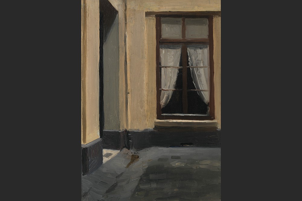 Edward Hopper’s earliest paintings of the French city featured liminal spaces. In “(Interior Courtyard at 48 rue de Lille, Paris)” (1906), the drawn curtain reveals only darkness. (Whitney Museum of American Art/Josephine N. Hopper Bequest)