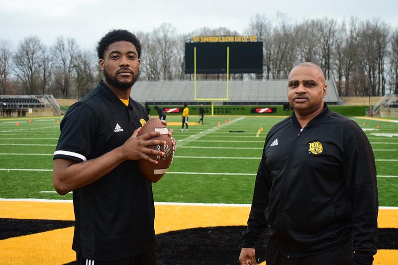 University of Arkansas at Pine Bluff quarterback Skyler Perry (left) and head coach Doc Gamble look forward to a six-game spring schedule. 
(Pine Bluff Commercial/I.C. Murrell)