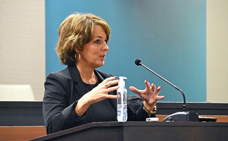 Stacy Smith, assistant commissioner for learning services in the Arkansas Division of Elementary and Secondary Education, speaks during the Arkansas Department of Education meeting in the Arch Ford Education Building at the Capitol Mall in Little Rock in this Dec. 10, 2020, file photo.