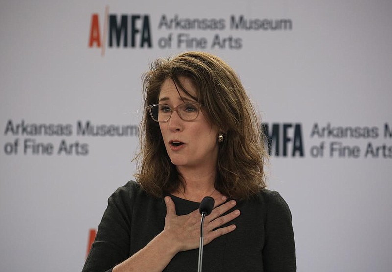 Victoria Ramirez, executive director of the Arkansas Museum of Fine Arts, speaks Monday Jan. 25, 2021 in Little Rock during a press conference to announce the new name of the former Arkansas Arts Center. More photos at arkansasonline.com/126arts/. (Arkansas Democrat-Gazette/Staton Breidenthal)