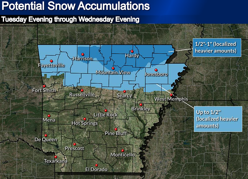 This National Weather Service graphic shows up to one inch of snow accumulation predicted in some northern parts of the state.