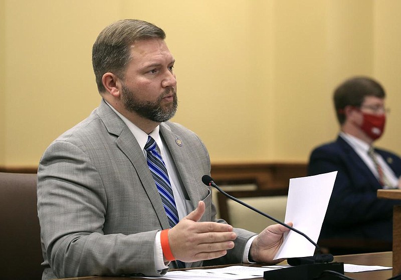 Rep. Jim Dotson, R-Bentonville, presents his bill, HB1113, Tuesday Jan. 26, 2021 during a House Education Committee meeting at the state Capitol in Little Rock. The bill would allow unutilized land donated to through the Urban Homestead Act to be used for schools. More photos at arkansasonline.com/127leg/.