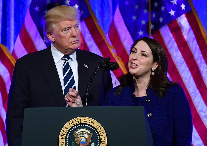 Ronna McDaniel, the Republican National Committee chairwoman, speaks at a fundraiser at Cipriani in New York with then-President Donald Trump in this Dec. 2, 2017, file photo.