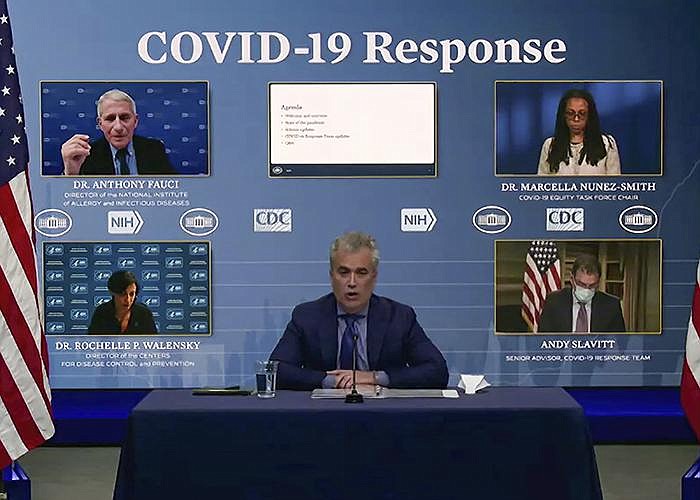 Jeff Zients (center), White House coronavirus response coordinator, leads a briefing Wednesday with (clockwise from top left) Dr. Anthony Fauci; Dr. Marcella Nunez-Smith, chairman of the covid-19 health equity task force; Andy Slavitt, senior adviser to the White House covid-19 Response Team; and Dr. Rochelle Walensky, director of the Centers for Disease Control and Prevention.
(AP/White House)