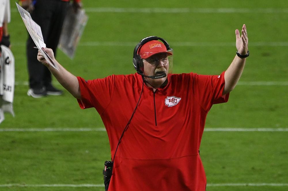 Kansas City Chiefs head coach Andy Reid during the second half of an NFL football game against the Las Vegas Raiders, Sunday, Nov. 22, 2020, in Las Vegas.
(AP Photo/David Becker)