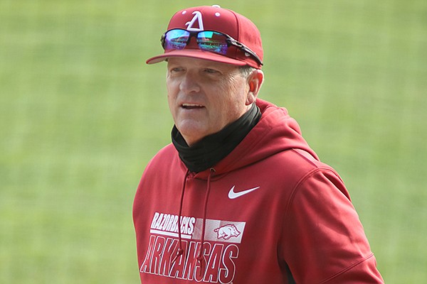 Arkansas coach Dave Van Horn is shown during a scrimmage Friday, Jan. 29, 2021, in Fayetteville. 