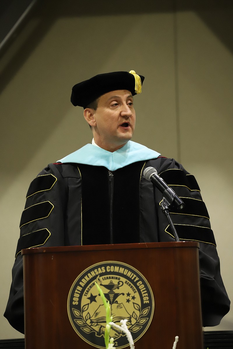 Outgoing SouthArk vice president for academic affairs Dr. Michael Murders addresses the crowd at Fall Commencement in 2019. (Contributed)