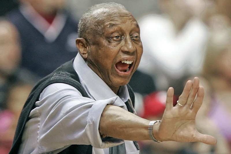 In this Feb. 25, 2006, file photo, Temple head coach John Chaney yells directions to his players during the the first half of an NCAA college basketball game against Duke in Philadelphia. John Chaney, one of the nation's leading Black coaches and a commanding figure during a Hall of Fame basketball career at Temple, has died. He was 89. His death was announced by the university Friday, Jan. 29, 2021. 
(AP Photo/Tom Mihalek, File)