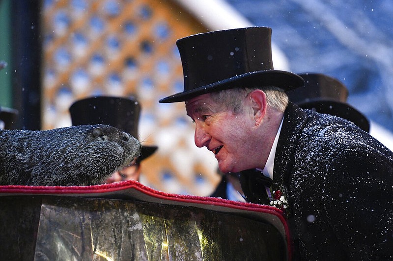 Groundhog Club President Jeff Lundy interacts with Punxsutawney Phil, the weather prognosticating groundhog, during the 135th celebration of Groundhog Day in Punxsutawney, Pa. Tuesday, Feb. 2, 2021.