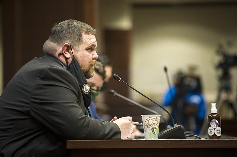 Senator Ballinger introduces his "stand your ground" bill, that would remove the requirement to retreat before using deadly force in self defense, to the House Judiciary Committee during a meeting on Tuesday, Feb. 2, 2021. The bill passed the Senate on January 19th. See more photos at arkansasonline.com/23bill/

(Arkansas Democrat-Gazette/Stephen Swofford)