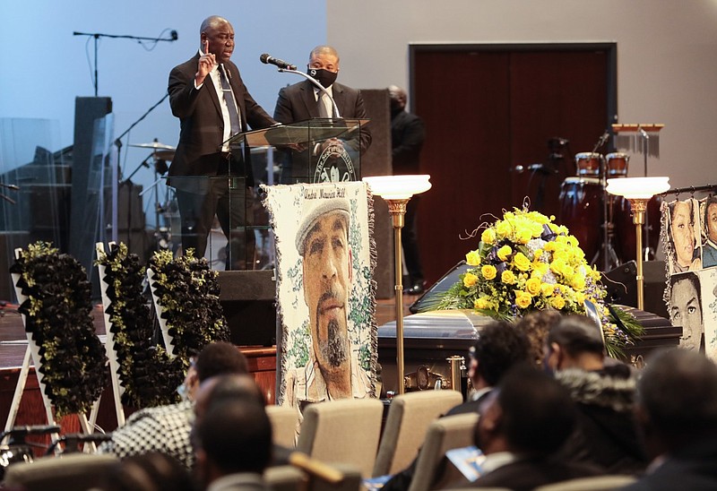Attorney Ben Crump speaks during the funeral of Andre Hill on Tuesday, Jan. 5, 2021, at First Church of God in Columbus, Ohio. Columbus Police Officer Adam Coy can be seen in bodycam footage fatally shooting Hill, a Black man, early Dec. 22, 2020, as Hill emerged from a garage holding a cellphone in his left hand with his right hand obscured. He was visiting a family friend at the time.