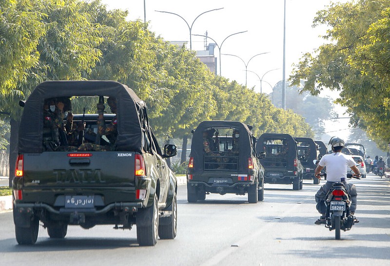 A convoy of army vehicles patrol the streets in Mandalay, Burma, on Wednesday, Feb. 3, 2021, two days after the military took over the civilian government of Aung San Suu Kyi.