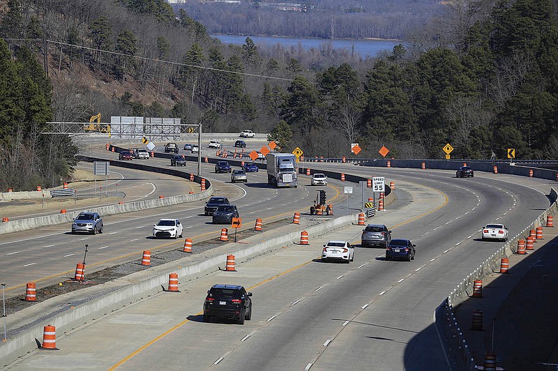 FILE — Traffic moves through construction cones along Interstate 430 near Cantrell Road in west Little Rock in this Feb. 3, 2021 file photo. (Arkansas Democrat-Gazette/Staton Breidenthal)